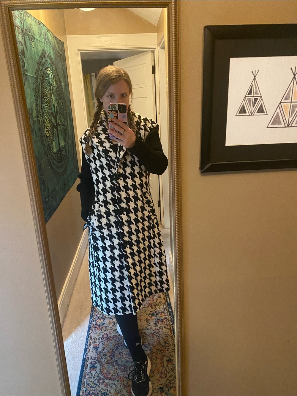 NWT Kenneth Cole Black & White Houndstooth Wool Blend Long Coat - Medium